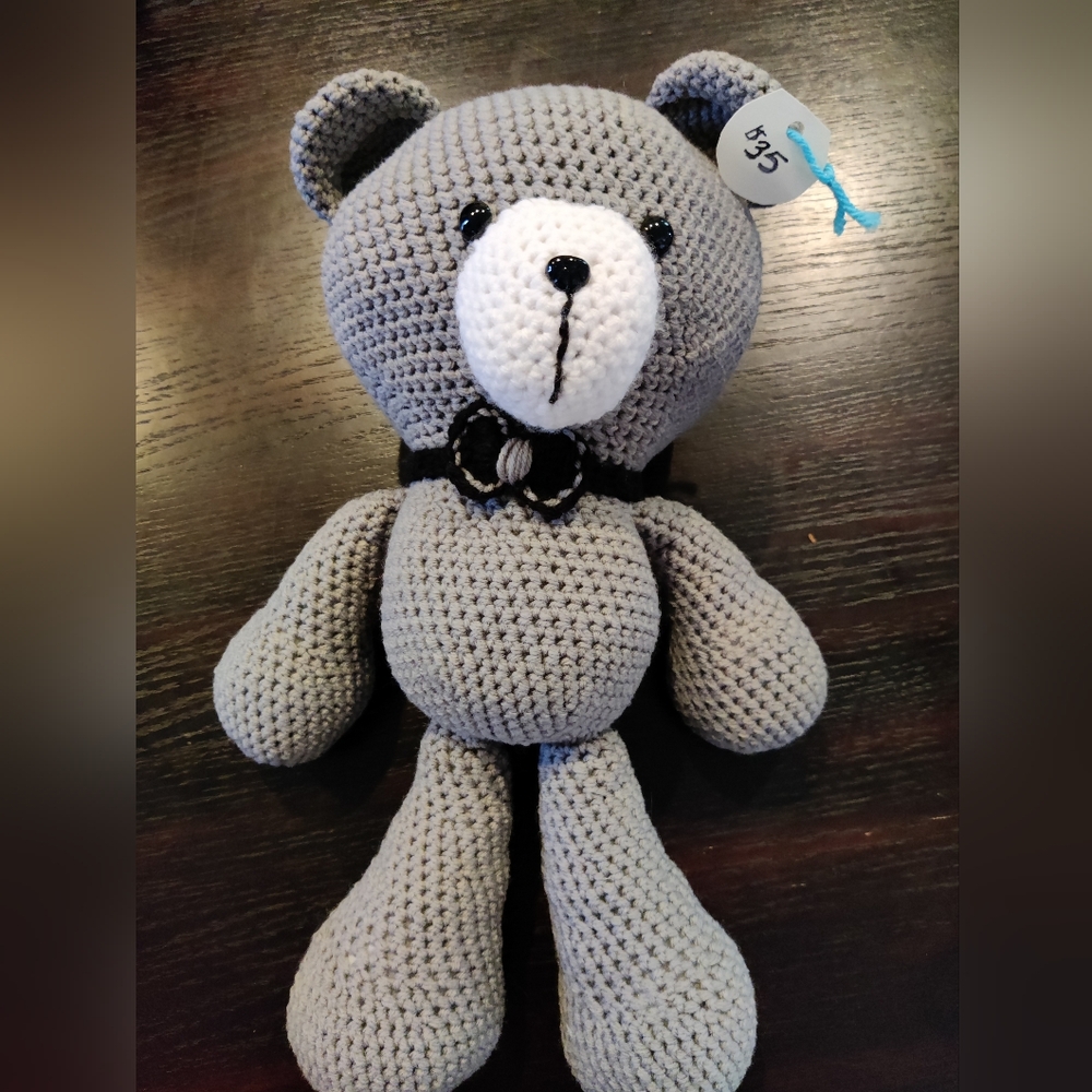Handmade Cute Gray Crochet Teddy Bear With Bowtie